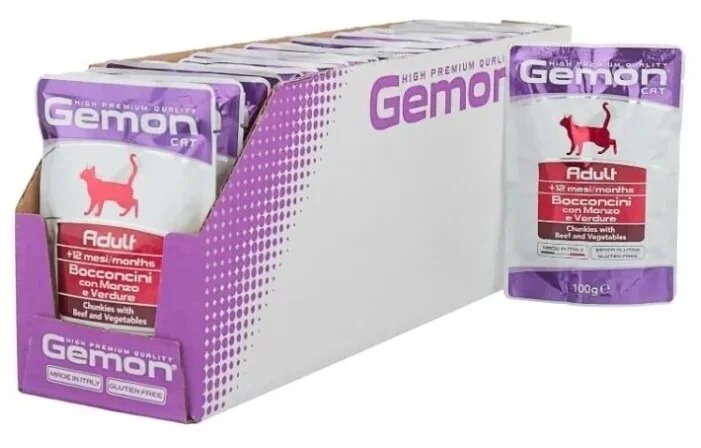 Gemon Adult Beef and Vegetables, yetkin pişiklər üçün tam bir qidadır, mal əti və tərəvəz parçaları ilə, yüksək keyfiyyətli, 100 qramdır — Zoo.az — Cats