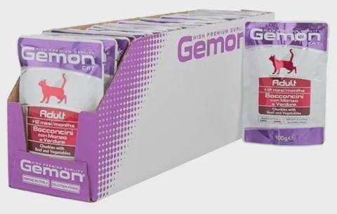 Gemon Adult Beef and Vegetables, yetkin pişiklər üçün tam rasion, mal əti parçaları və tərəvəz ilə, yüksək premium keyfiyyət, 100 q — კატები