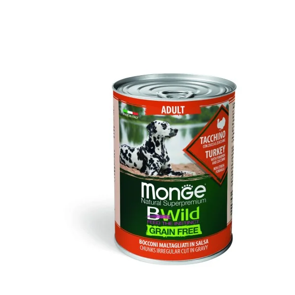 Monge Dog BWild Grain Free yaş yem üçün yetkin itlər bütün cinslər ilə hinduşka, balqabaq və balqabaq, 400 g