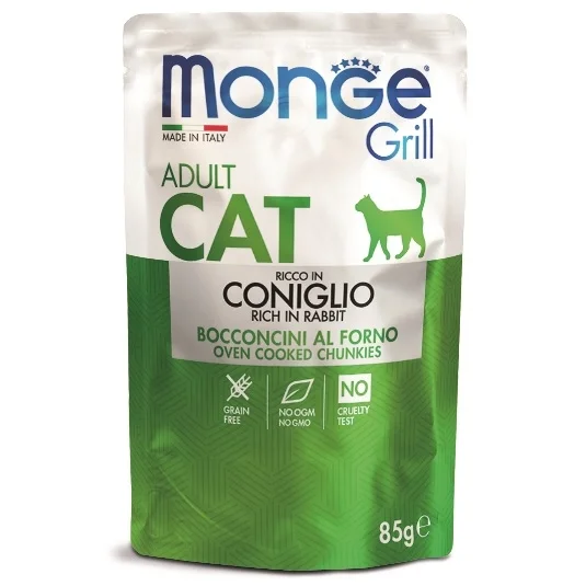 Monge Grill Adult Coniglio, yetkin pişiklər üçün tam bir qidadır, jele şəklində italyan dovşan parçaları ilə, super premium keyfiyyətli, 85 qramdır — Zoo.az — Cats