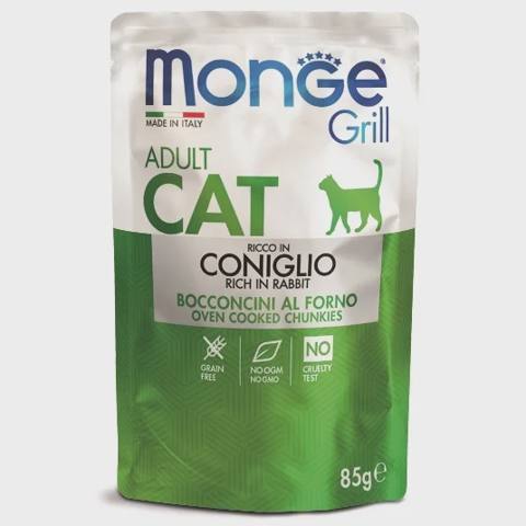 Monge Grill Adult Coniglio, yetkin pişiklər üçün tam rasion, jele içində italyan dovşanı parçaları ilə, super premium keyfiyyət, 85 q — Cats