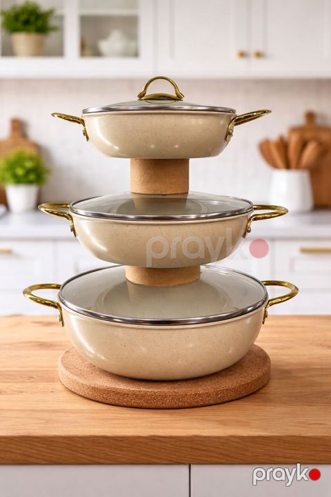 Tava dəsti 18662895, bej, 3 əd, qapaqlı, 20/24/28 sm — Bakı