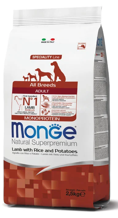 Monge Adult Natural Quzu, bütün cinslərdən olan yetkin itlər üçün quru yem, quzu, düyü və kartof ilə, 2.5 kq