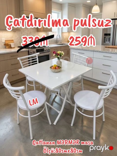 Yeni Mərmər masa dəsti Qatlanan masa+4 stul Qiymət: 259₼ — Bakı