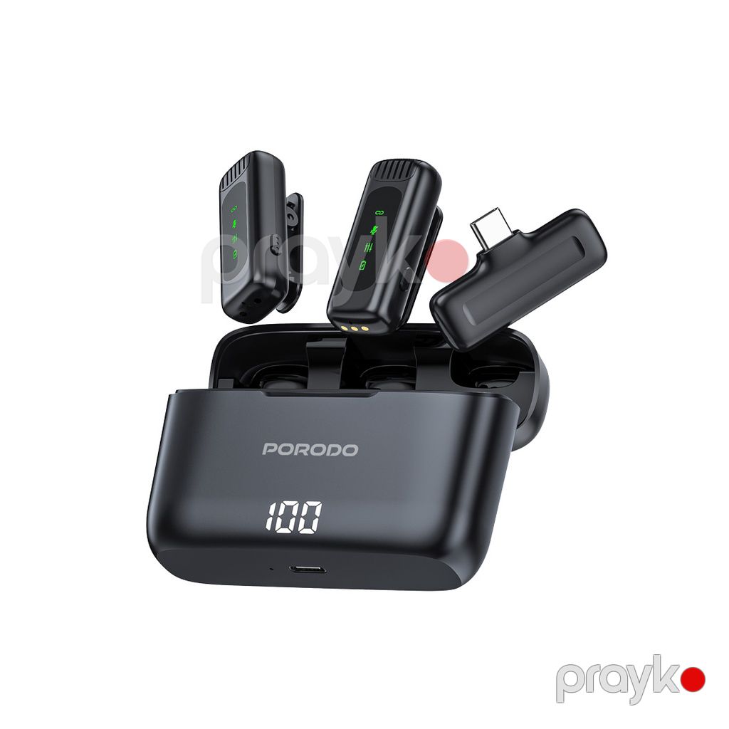 Porodo Wireless Collar Double Microphone with Charging Case and Lightning Adapter Black — Mallar, Bakı (2)