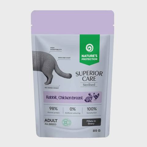 Nature’s Protection Superior Care, sterilizasiya olunmuş pişiklər üçün sousda dovşan və toyuq döşü ilə yaş yem, 85 q — Мышыктар