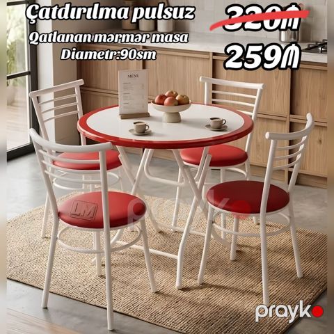 Yeni Mərmər masa dəsti Qatlanan masa+4 stul Qiymət: 259₼ — Bakı