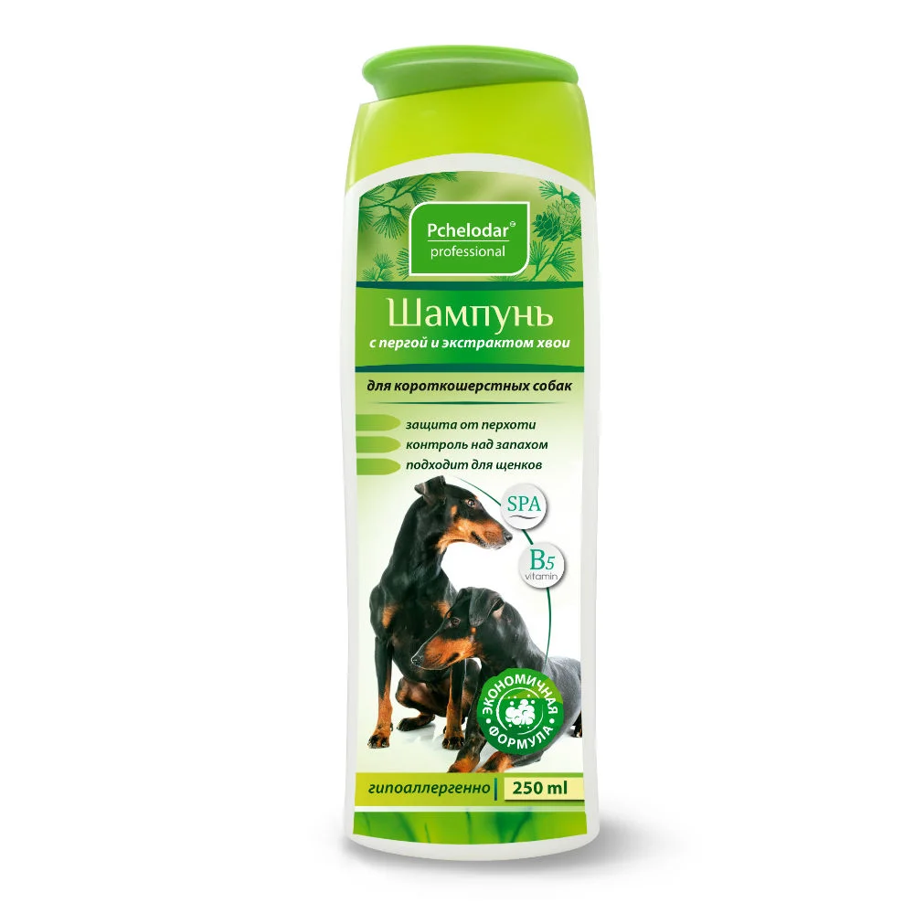 Qısa tüklü itlər üçün Pchelodar arı çörəyi və şam iynələri ilə gigiyenik şampun, 250 ml