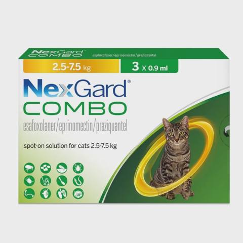 NexGard Combo, çəkisi 2,5 kq-dan 7,5 kq-a qədər olan pişiklər üçün birə, gənə və helmintlərə qarşı damcılar (1 pipet) — Pişiklər