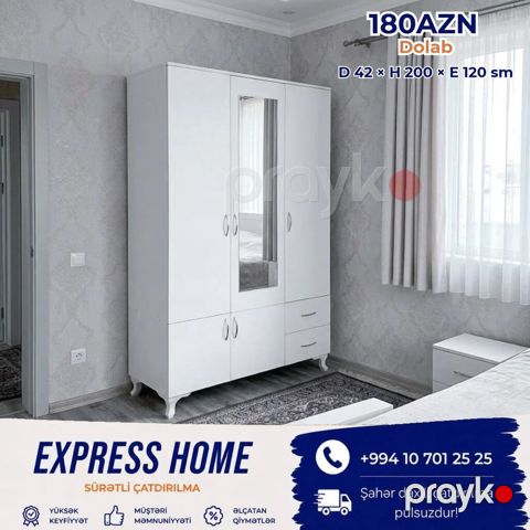 Yeni, 3 qapılı, Güzgülü, Açılan, Düz dolab — Bakı