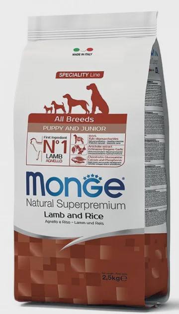 Monge Puppy and Junior Natural Super Premium Lamb and Rice, bütün cinslərdən olan bala itlər üçün tam rasionlu quru yem, quzu əti və düyü ilə, super premium keyfiyyət, 2.5 kq — ცხოველების მოვლის საშუალებები