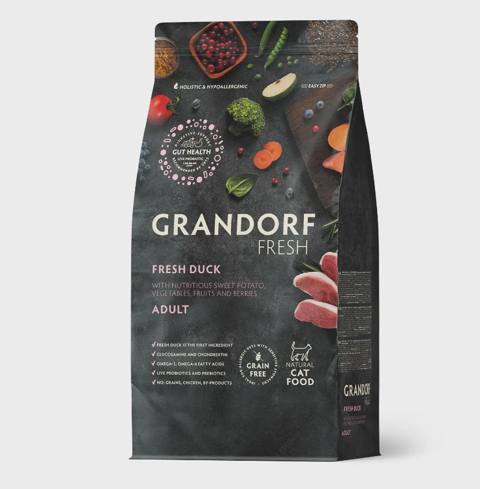 Grandorf Fresh Holistic Hypoallergenic Adult Fresh Duck, yetkin pişiklər üçün hipoallergen holistik dənəsiz quru yem, ördək ilə, 2 kq — Мышыктар