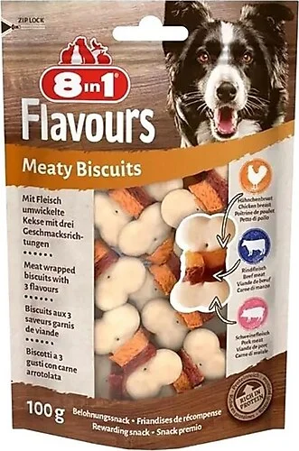 8in1 Flavours Meaty Biscuits itlər üçün peçenye ilə toyuq, donuz əti və mal əti 100 q — Bakı