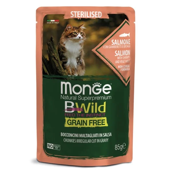 Monge Cat Wild Grain Free yaş yem sterilizasiya edilmiş pişiklər üçün qızılbalıq, karides və tərəvəzlərlə birlikdə paketlərdə, 85 q — Bakı