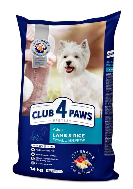 Club 4 Paws, kiçik cinsli yetkin itlər üçün quzu əti və düyülü quru yem (bütöv kisə, 14 kq) — Bakı