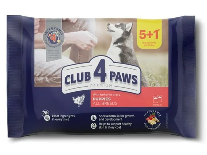 Club 4 Paws Hinduşka ilə Sousda Bütün Cinsli Bala Cütlükləri üçün sousda yaş yem, hinduşka ilə, 6 x 80 q (5+1 Xüsusi) — Bakı