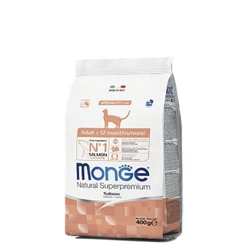 Monge Adult Natural Superpremium Salmon, yetkin pişiklər üçün tam quru yemdir, qızılbalıq və soya əlavə edilməmiş, super premium keyfiyyətli, 400 qr