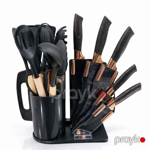 Mətbəx ləvazimatları ilə bıçaq dəsti 88654981 Black & Rose Gold altlıqla — Bakı