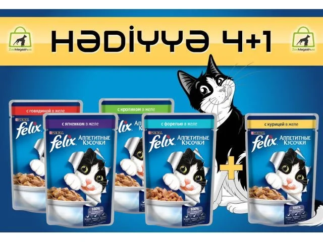Xüsusi təklif Felix mal əti, dovşan, quzu, alabalıq + jele içində toyuq (4+1) — Bakı