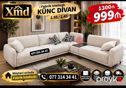 Künc divan – fabrik istehsalı, Xmd. Ölçülər: 2.95 m / 2.45 m — Bakı