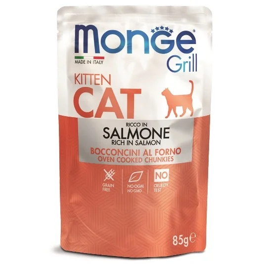 Monge Grill Qızılbalıq balığı, 85 qramlıq super yüksək keyfiyyətli, jele şəklində Norveç qızılbalığı parçaları ilə birlikdə bala pişiklər üçün tam bir qidadır