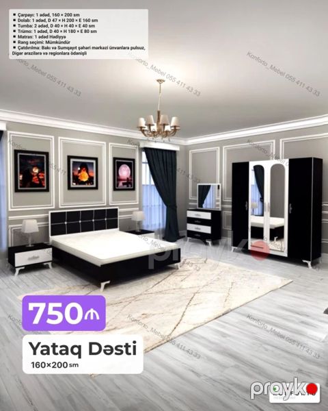 Yataq Dəsti – 160×200 sm Komplekt: - Çarpayı: 1 ədəd, 160×200 sm — Bakı