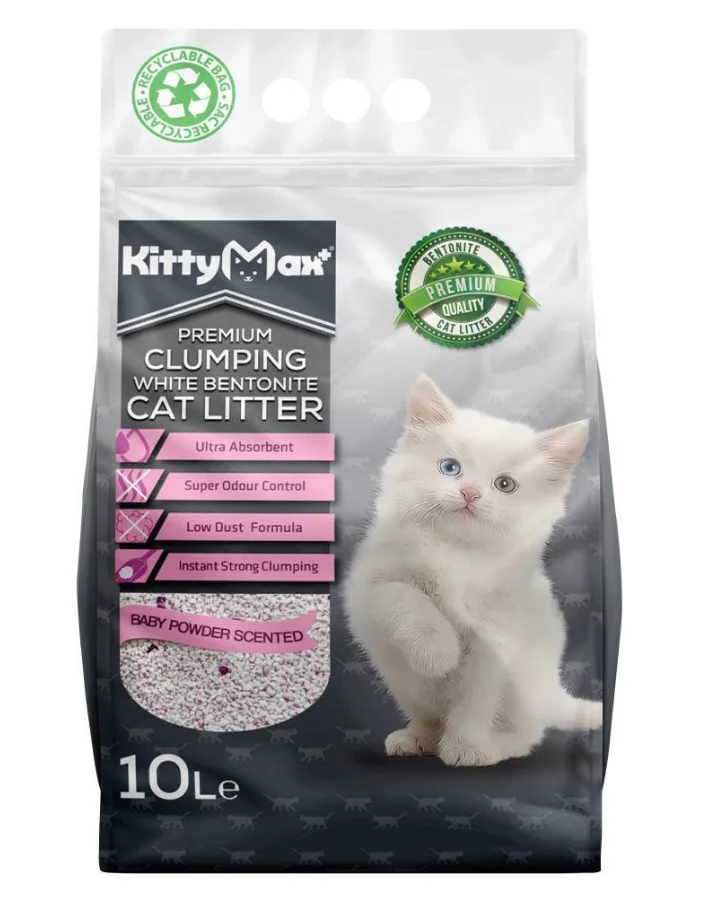 KittyMax Baby Powder körpə pudrası ətirli bentonit pişik qumu, 10 l — Zoo.az — Cats