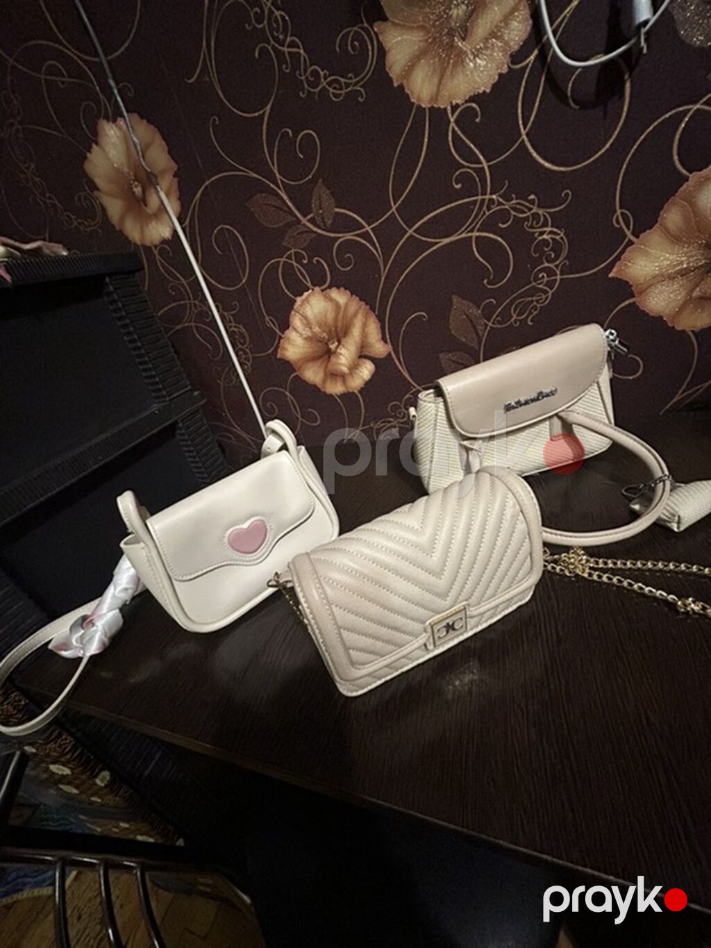 Açıq krem rəngdə 3 ədəd çanta seti - Mini kross-bodi ürək detallı — Çantalar, çamadanlar, cüzdanlar, Bakı (4)
