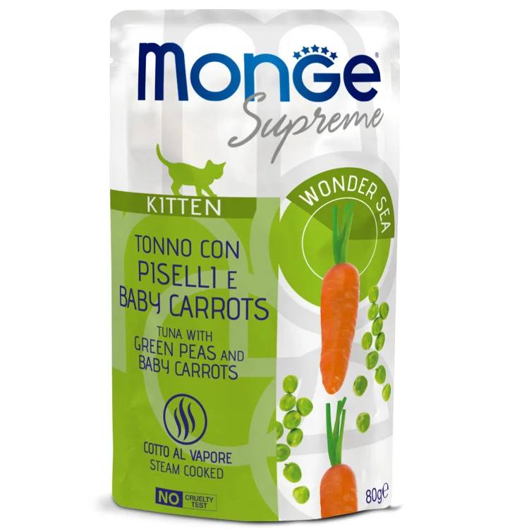 Monge Supreme Kitten balaları üçün yaş yem tuna balığı, yaşıl noxud və mini yerkökü ilə, 80 q