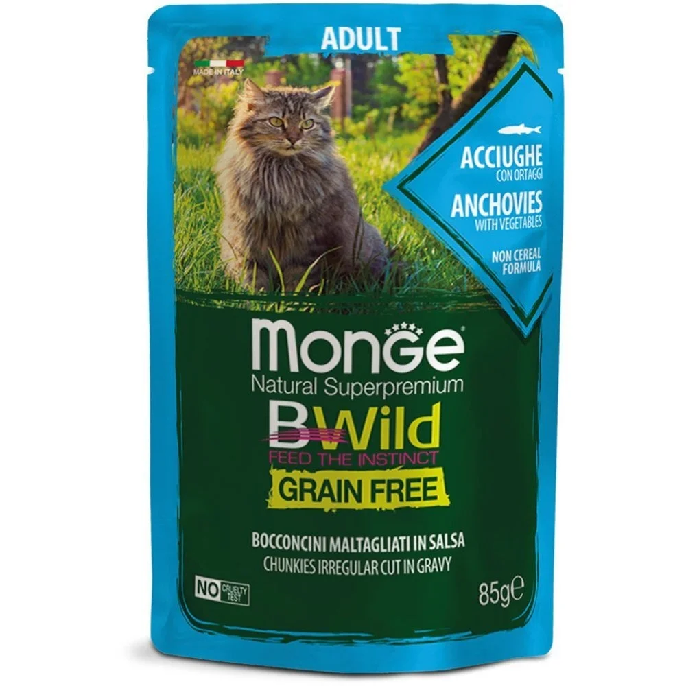 Monge Cat Be Wild Gr. Pulsuz Yaş Pişik Yemi, Souslu Tikələr, Tərəvəzli Hamsi, 85 q