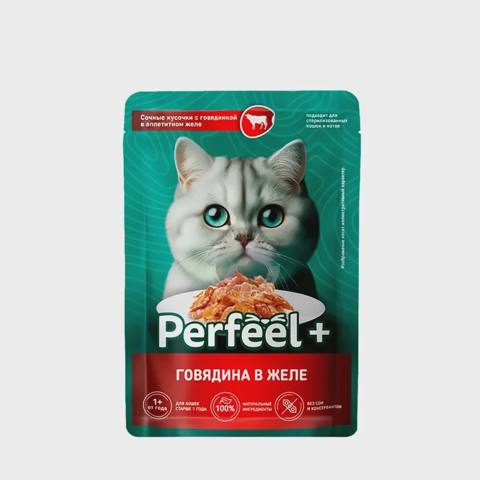 PerfeelPlus, pişiklər üçün yaş yem, jele içində mal əti dadlı, 75 q — Pişiklər