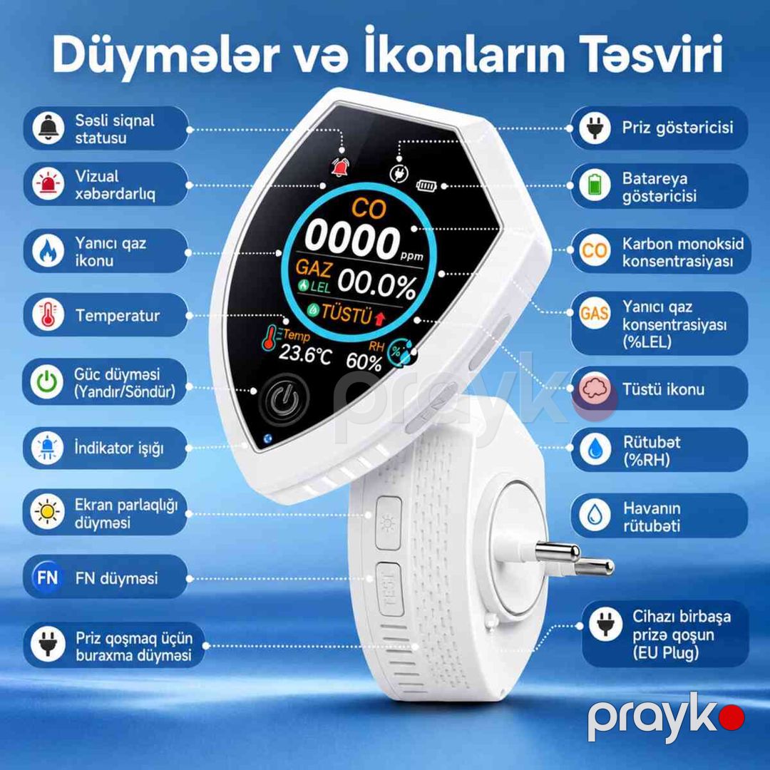 5-i 1-də Ağıllı Təbii Qaz, Tüstü və Dəm qazı Detektoru — Ağıllı ev və təhlükəsizlik, Bakı (3)