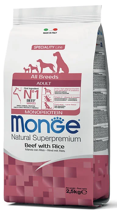 Monge Adult Monoprotein Natural Super Premium Beef with Rice, bütün cinslərdən olan yetkin itlər üçün tək heyvan zülalı mənbəli super premium keyfiyyətli balanslaşdırılmış tam rasionlu quru yem, mal əti və düyü ilə (bütöv kisə, 12 kq) — Bakı