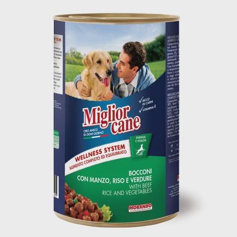 Miglior Cane, yetkin itlər üçün yaş yem, mal əti, düyü və tərəvəz ilə iri tikələr, 1.250 q — ცხოველების მოვლის საშუალებები