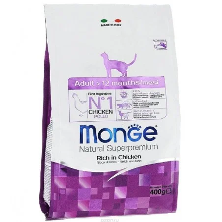 Monge Adult Natural Superpremium Chicken, yetkin pişiklər üçün toyuq və soya əlavə edilməmiş, super premium keyfiyyətli, 400 qramlıq tam quru yemdir