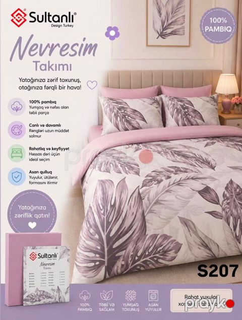 Yataq dəsti Sultanlı S207, İkinəfərlik, Pambıq/Satin, Yorğan üzü 200x220 sm, Mələfə 240x260 sm, Yastıq üzü 2 əd 50x70 sm — Bakı