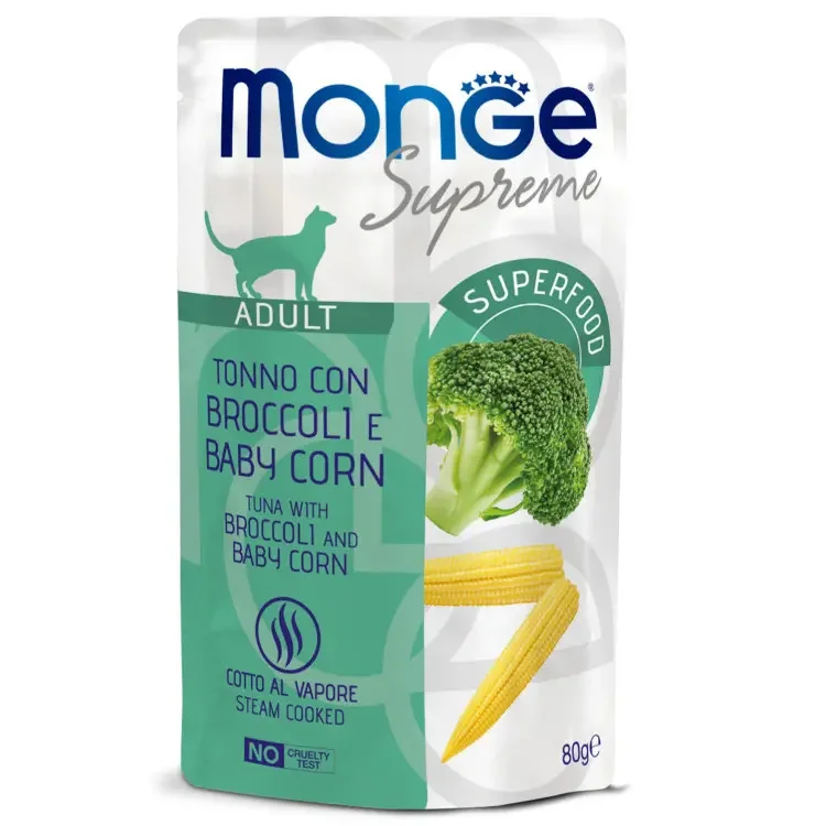 Monge Supreme Adult Cat yetkin pişiklər üçün tuna balığı, brokoli və körpə qarğıdalı ilə yaş yem 80 q