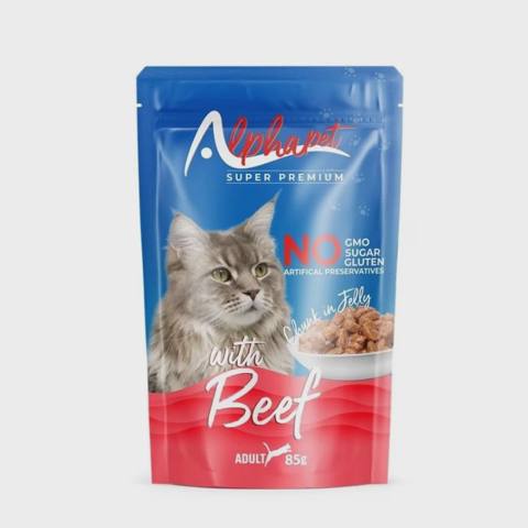 Alphapet WOW Cat Adult, yetkin pişiklər üçün jele içində mal əti ilə yaş yem, 85 q — Pişiklər