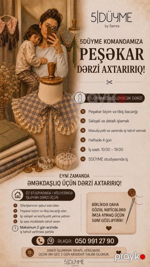 Peşəkar dərzi axtarılır. Tələblər və işin təsviri (studiyada — Bakı
