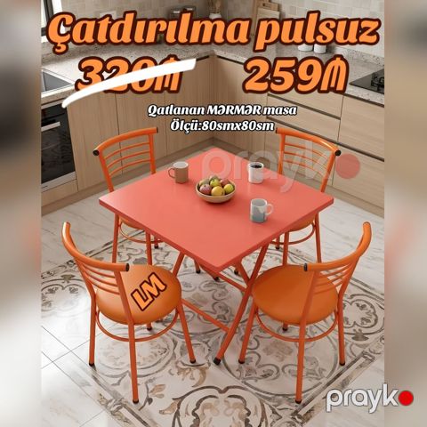 Yeni Mərmər masa dəsti Qatlanan masa+4 stul Qiymət: 259₼ — Bakı
