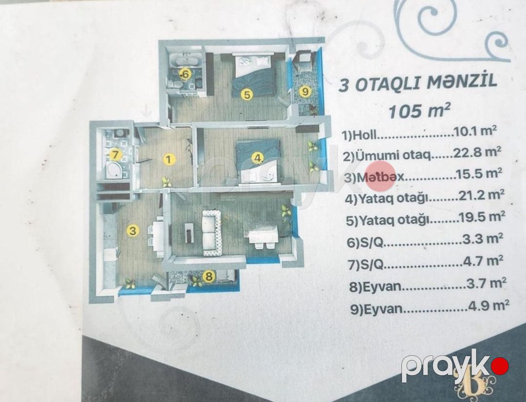Satılır 3 otaqlı yeni tikili 105 m² — Mənzil, Bakı (4)
