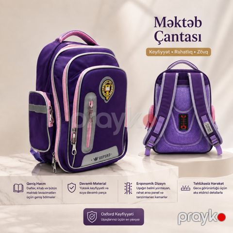 Məktəb çantası, Poliester, Bənövşəyi, 20 l — Bakı