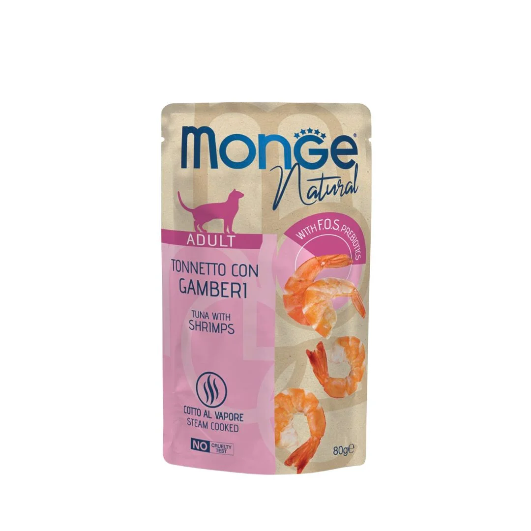 Monge Natural Adult Tonno con Gamberetti yaş pişik yemi, tuna və karides ilə jele şəklində, super premium keyfiyyətli, 80 q — Zoo.az — Cats