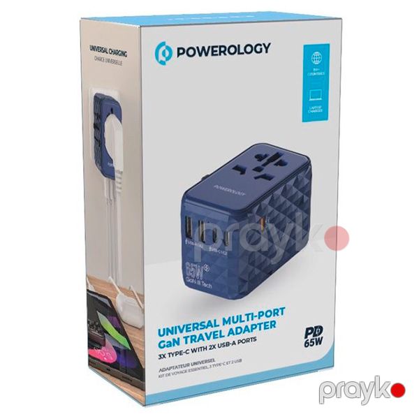 Powerology Universal Adapter 65W X3 PD port and X2 USB 15W port Blue — Mallar, Bakı (2)