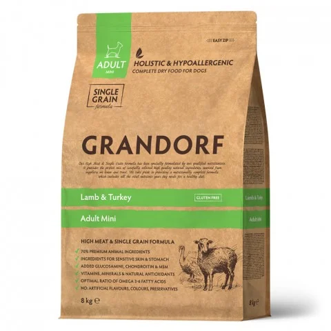 Grandorf Holistic & Hypoallergenic Adult Mini, həssas həzm sistemi olan və ya allergiyaya meylli mini cinsli yetkin itlər üçün quru yem, quzu və hinduşka ilə (çəki ilə) — Bakı