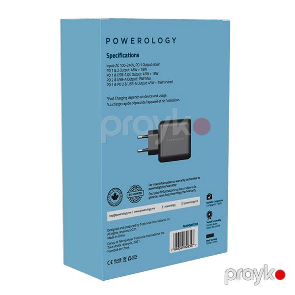 Powerology 65W 1*QC 36W Usb-a and 2*USB-C Ports GaN PD Wall Charger EU Black — Mallar, Bakı (2)