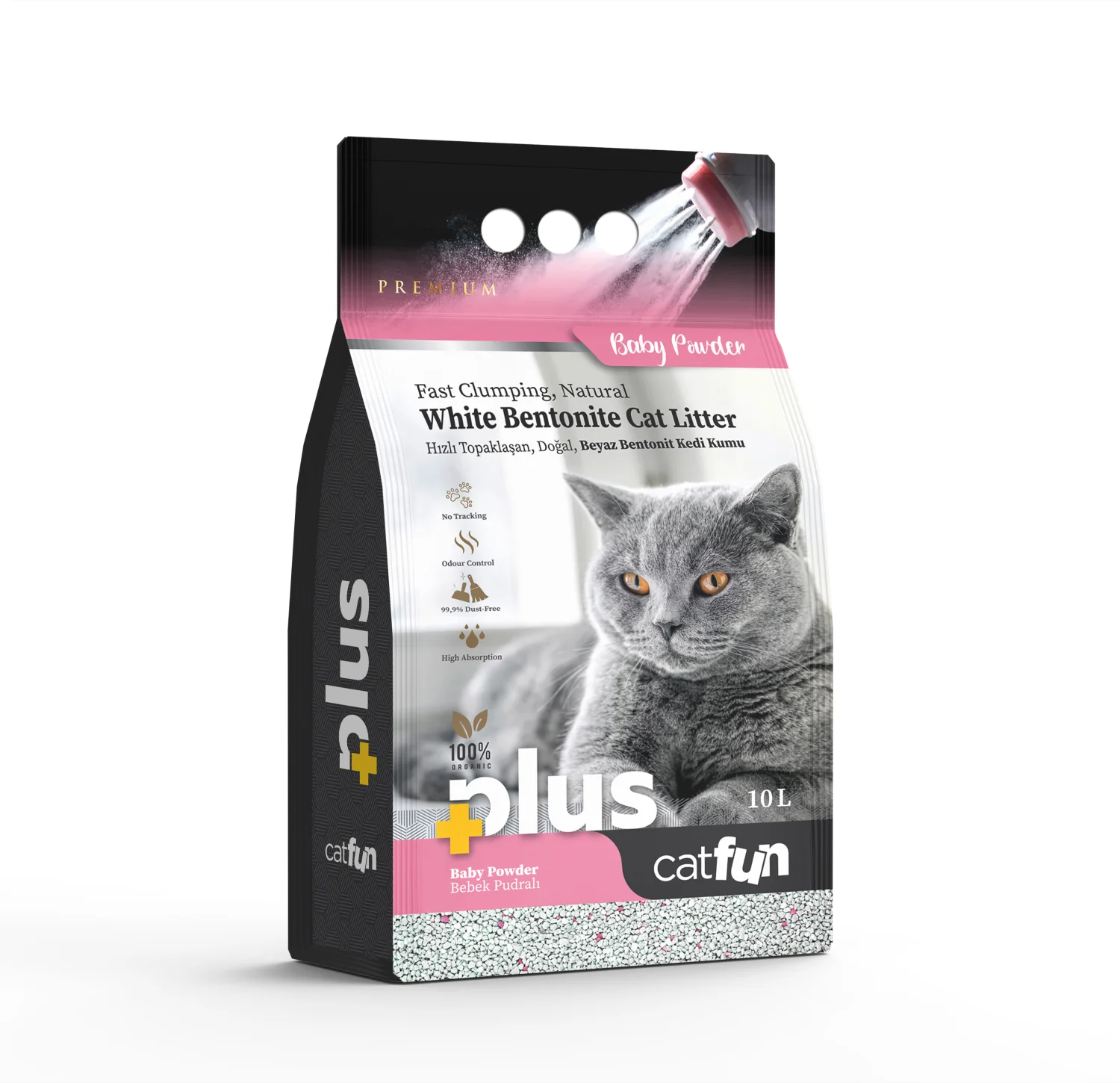 CatFun PLus körpə pudrası ətirli topalaşan pişik qumu, 10 l