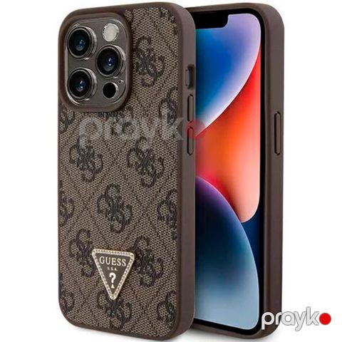 Guess PU Leather Case with 4G Triangle Strass & Triangle Logo for iPhone 15 Pro Max Brown — Bakı