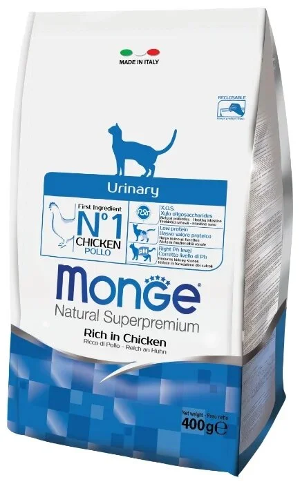 Monge Urinari Təbii Superpremium Toyuq, pişiklərdə struvit daşlarının qarşısının alınması üçün toyuq və soya əlavə edilməmiş, super premium keyfiyyətli, 400 qramlıq tam pəhrizli quru yemdir — Zoo.az — Cats