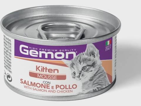 Gemon Kitten, pişik balaları üçün yaş yem, qızılbalıq və toyuq ilə, 85 q — კატები